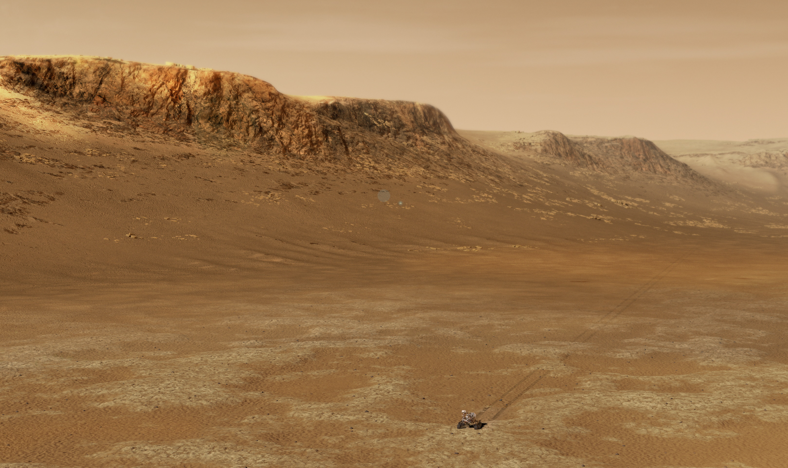 Illustration of Perseverance very small against a Martian landscape.