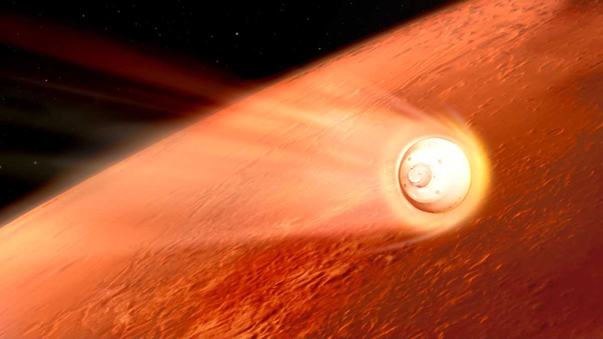Illustration of the Perseverance landing capsule entering the Martian atmosphere like a meteor.